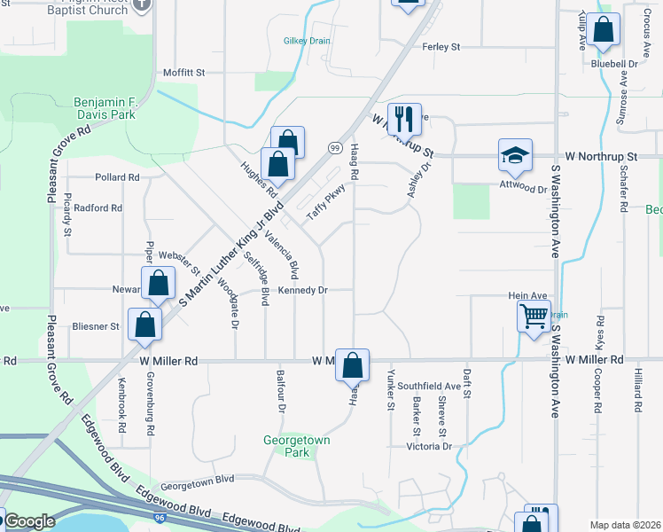 map of restaurants, bars, coffee shops, grocery stores, and more near 5936 Hughes Road in Lansing