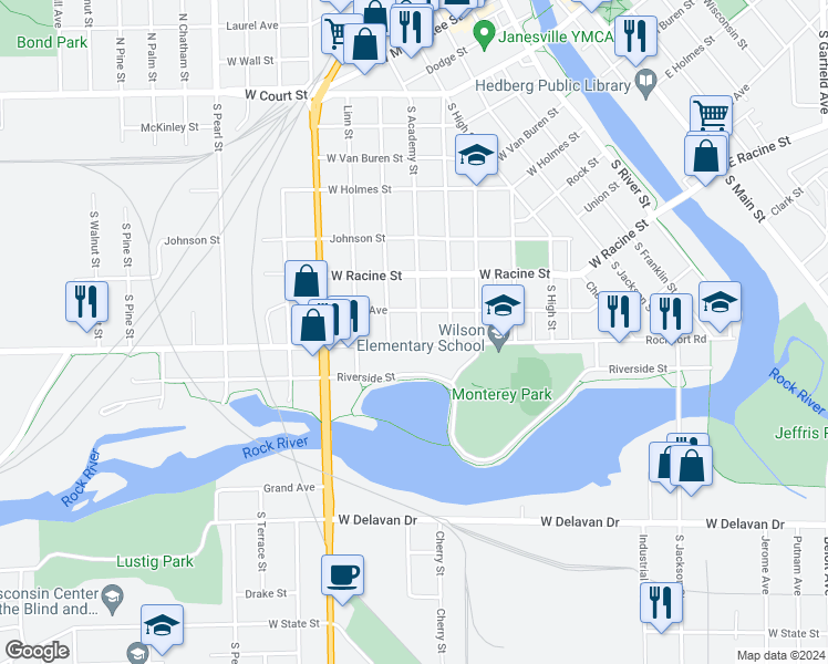 map of restaurants, bars, coffee shops, grocery stores, and more near 618 South Academy Street in Janesville
