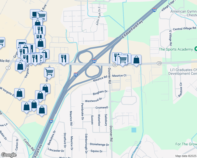map of restaurants, bars, coffee shops, grocery stores, and more near 50545 Maurice Road in New Baltimore