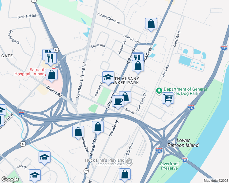 map of restaurants, bars, coffee shops, grocery stores, and more near 35 Walter Street in Albany