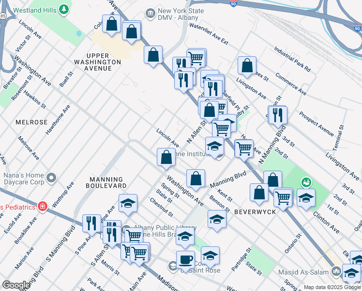 map of restaurants, bars, coffee shops, grocery stores, and more near in Albany