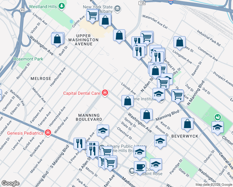 map of restaurants, bars, coffee shops, grocery stores, and more near 253 Manning Boulevard in Albany
