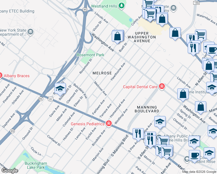 map of restaurants, bars, coffee shops, grocery stores, and more near 65 Melrose Avenue in Albany