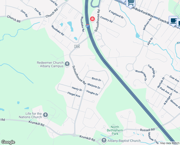 map of restaurants, bars, coffee shops, grocery stores, and more near 6 Birch Drive in Albany