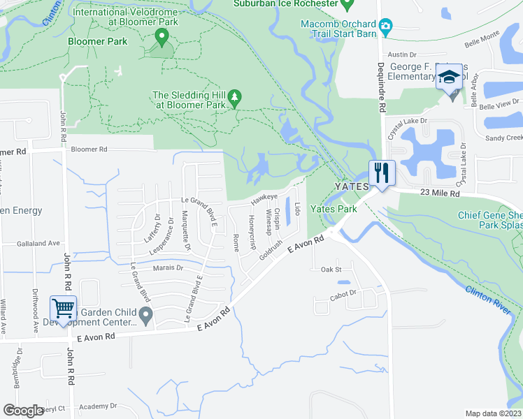 map of restaurants, bars, coffee shops, grocery stores, and more near 829 Honeycrisp in Rochester Hills