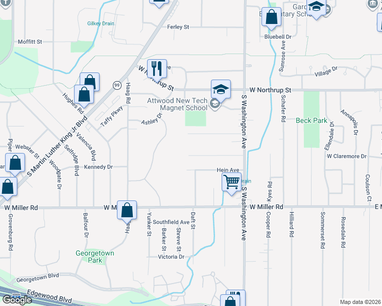 map of restaurants, bars, coffee shops, grocery stores, and more near 958 Hein Avenue in Lansing