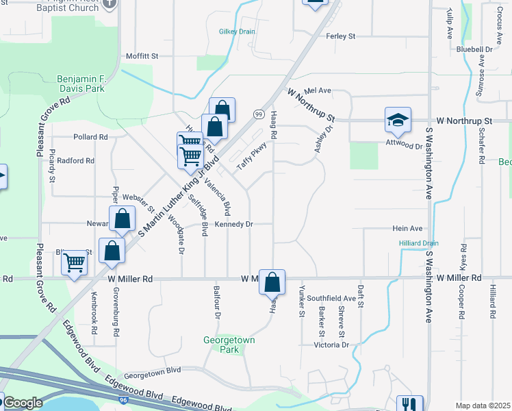 map of restaurants, bars, coffee shops, grocery stores, and more near 5936 Hughes Road in Lansing