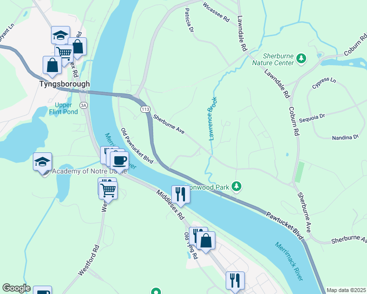 map of restaurants, bars, coffee shops, grocery stores, and more near 52 Pawtucket Boulevard in Tyngsborough