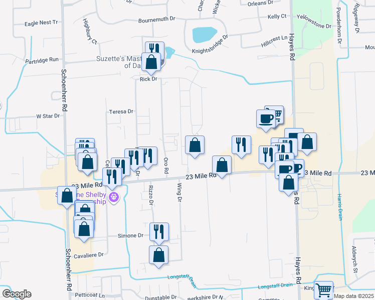 map of restaurants, bars, coffee shops, grocery stores, and more near 14497 23 Mile Road in Shelby Charter Township