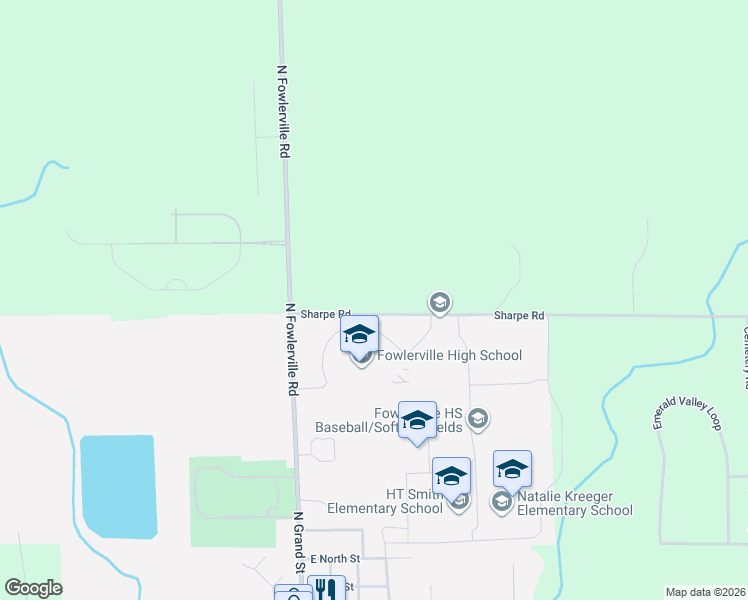 map of restaurants, bars, coffee shops, grocery stores, and more near 7790 Sharpe Road in Fowlerville