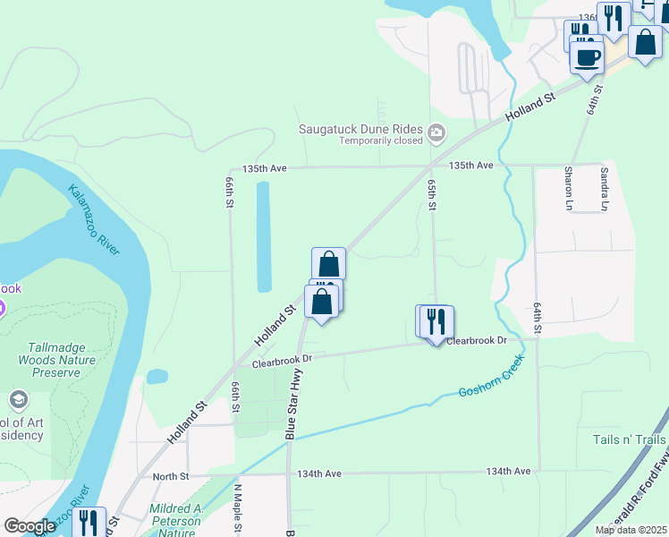 map of restaurants, bars, coffee shops, grocery stores, and more near 3493 Blue Star Highway in Saugatuck