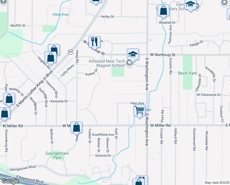 map of restaurants, bars, coffee shops, grocery stores, and more near 958 Hein Avenue in Lansing