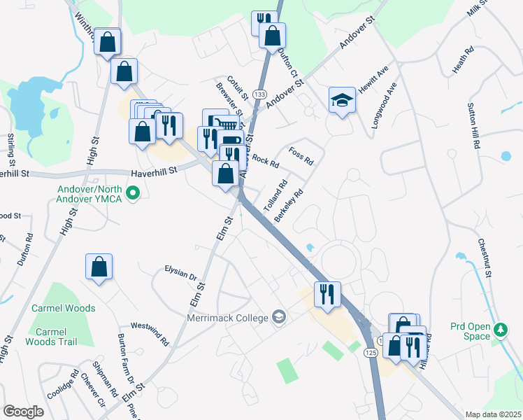 map of restaurants, bars, coffee shops, grocery stores, and more near 6 Berkeley Road in North Andover