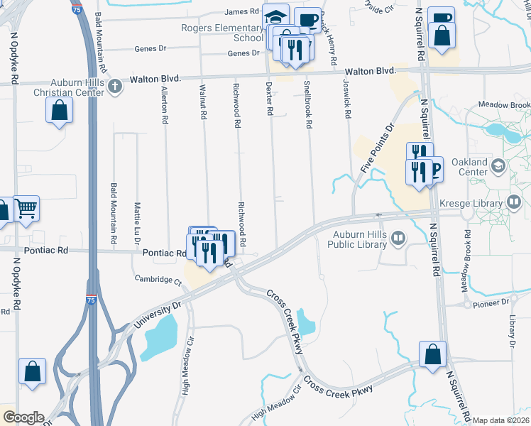 map of restaurants, bars, coffee shops, grocery stores, and more near 2025 Dexter Road in Auburn Hills