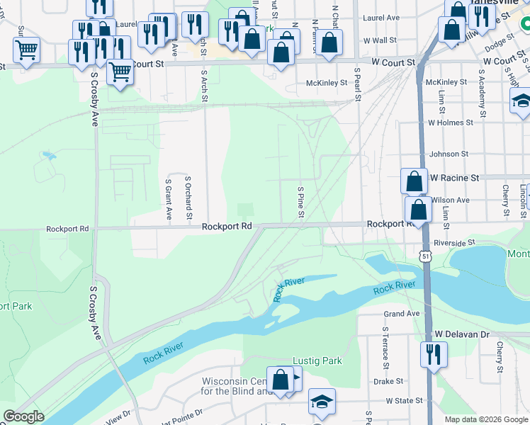 map of restaurants, bars, coffee shops, grocery stores, and more near 1720 Rockport Road in Janesville
