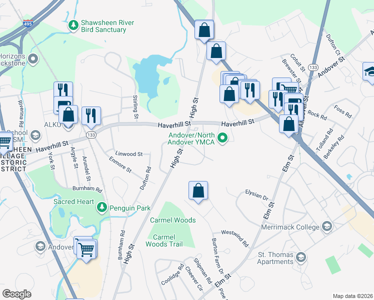 map of restaurants, bars, coffee shops, grocery stores, and more near 2 Longwood Drive in Andover