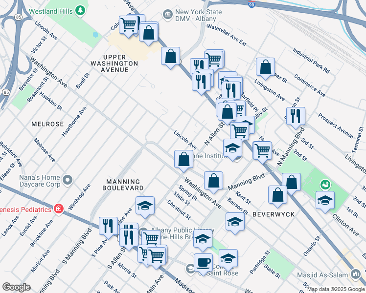 map of restaurants, bars, coffee shops, grocery stores, and more near 278 Manning Boulevard in Albany