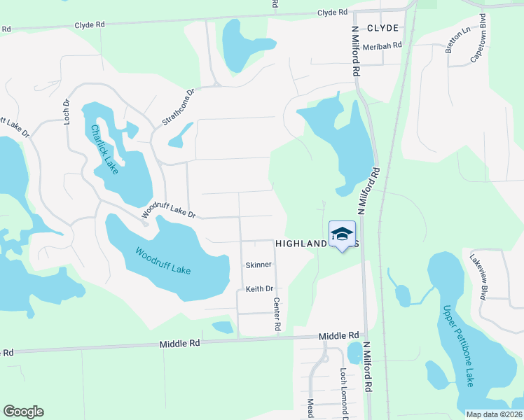 map of restaurants, bars, coffee shops, grocery stores, and more near 525 East Baker Road in Highland Charter Township