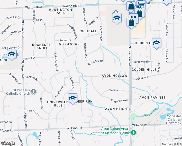 map of restaurants, bars, coffee shops, grocery stores, and more near 1359 Springwood Lane in Rochester Hills