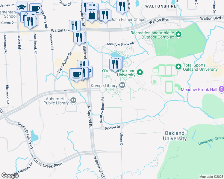 map of restaurants, bars, coffee shops, grocery stores, and more near 2200 North Squirrel Road in Rochester