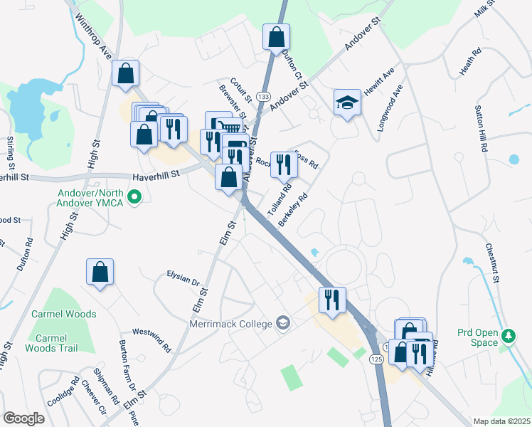 map of restaurants, bars, coffee shops, grocery stores, and more near 6 Berkeley Road in North Andover