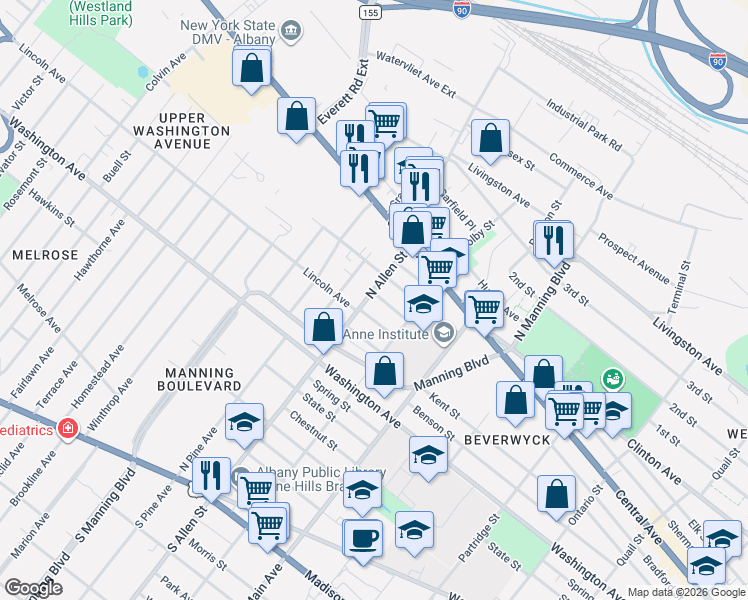 map of restaurants, bars, coffee shops, grocery stores, and more near 19 Lincoln Avenue in Albany