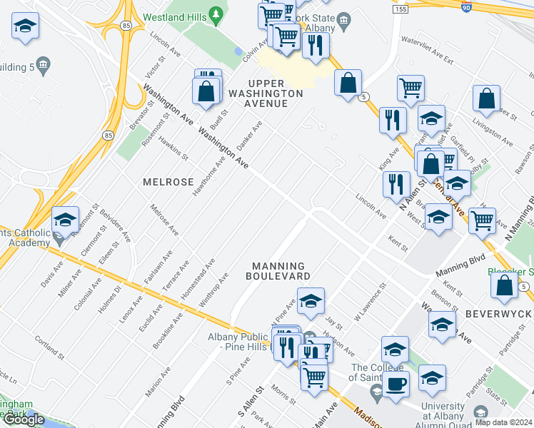map of restaurants, bars, coffee shops, grocery stores, and more near 126 Winthrop Avenue in Albany