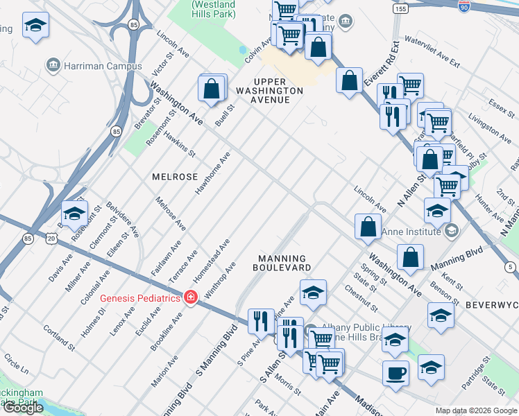 map of restaurants, bars, coffee shops, grocery stores, and more near 126 Winthrop Avenue in Albany