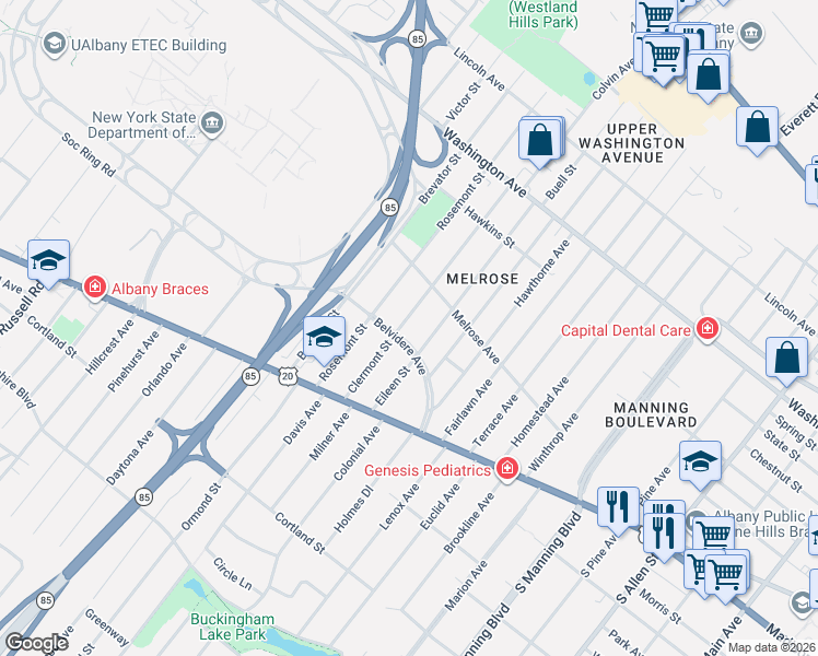map of restaurants, bars, coffee shops, grocery stores, and more near 29 Belvidere Avenue in Albany