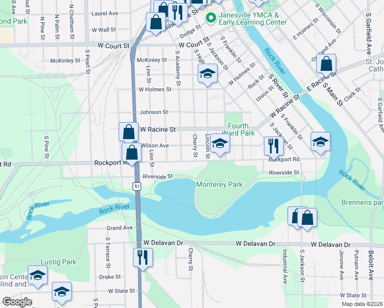 map of restaurants, bars, coffee shops, grocery stores, and more near 515 Rockport Road in Janesville