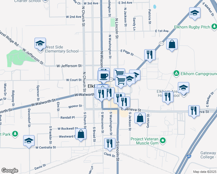 map of restaurants, bars, coffee shops, grocery stores, and more near 38 North Washington Street in Elkhorn