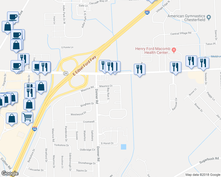 map of restaurants, bars, coffee shops, grocery stores, and more near 50494 Bay Run South in New Baltimore