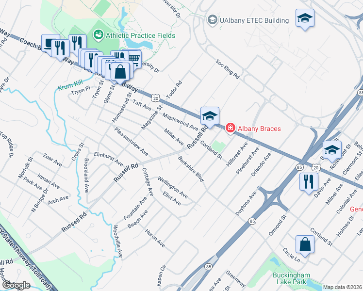 map of restaurants, bars, coffee shops, grocery stores, and more near 57 Russell Road in Albany