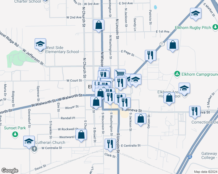 map of restaurants, bars, coffee shops, grocery stores, and more near 38 North Washington Street in Elkhorn