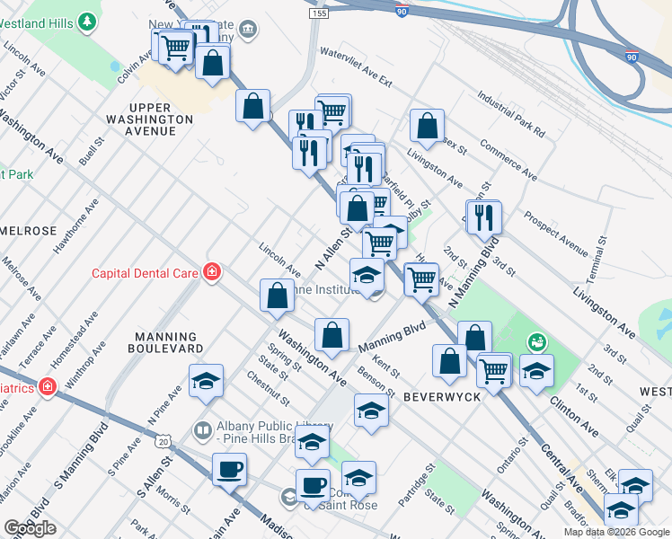 map of restaurants, bars, coffee shops, grocery stores, and more near 208 North Allen Street in Albany