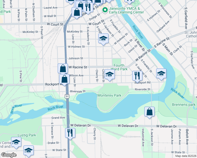 map of restaurants, bars, coffee shops, grocery stores, and more near 519 Cherry Street in Janesville