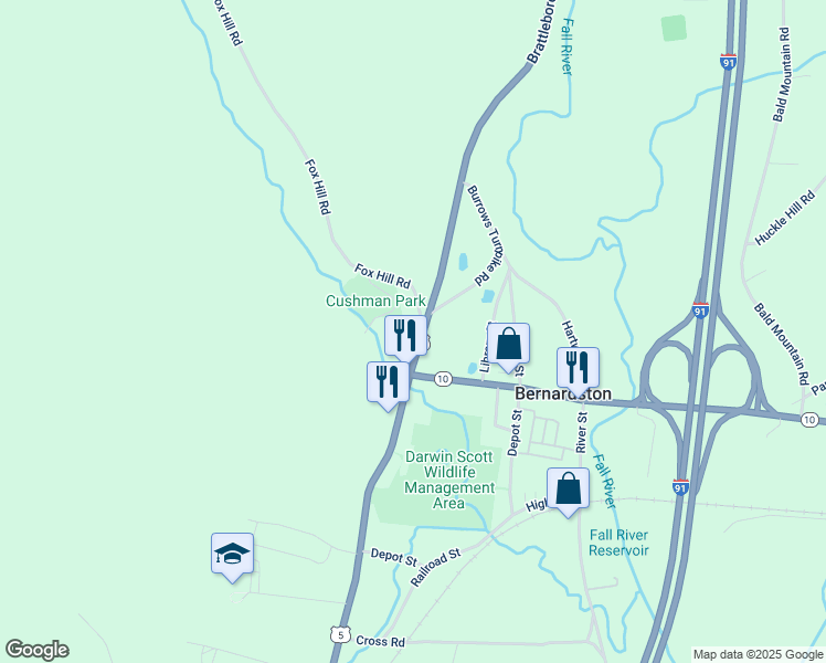 map of restaurants, bars, coffee shops, grocery stores, and more near 28 Brattleboro Road in Bernardston