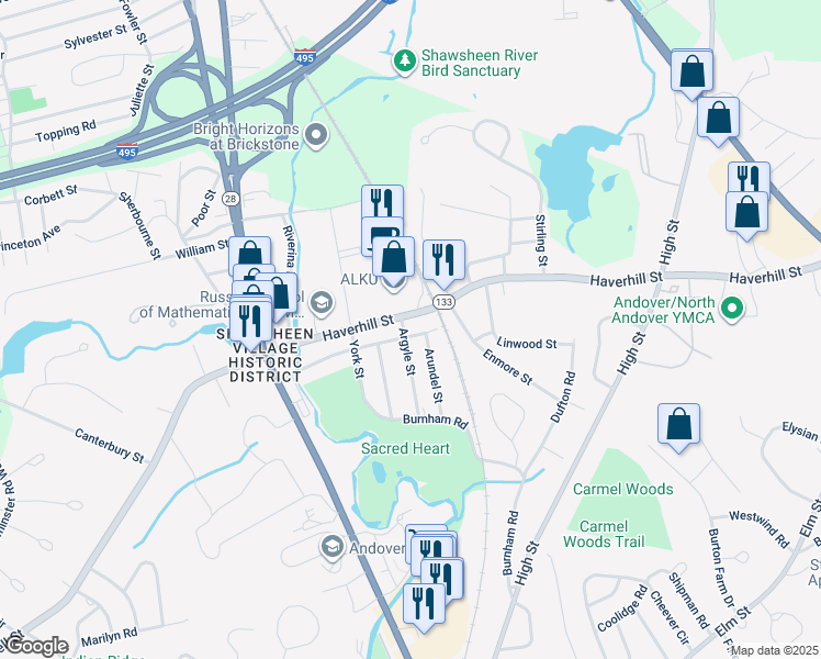 map of restaurants, bars, coffee shops, grocery stores, and more near 45 Haverhill Street in Andover
