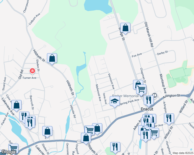 map of restaurants, bars, coffee shops, grocery stores, and more near 3 Wesley Street in Dracut