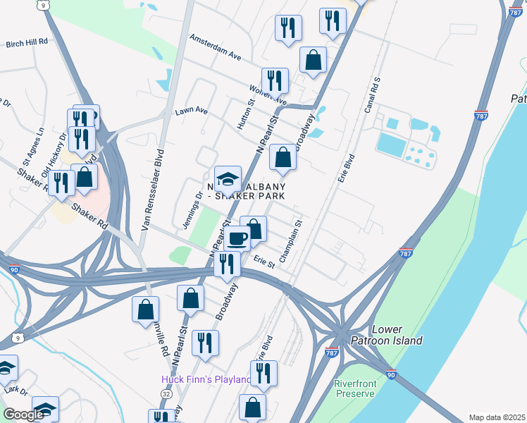 map of restaurants, bars, coffee shops, grocery stores, and more near in Albany