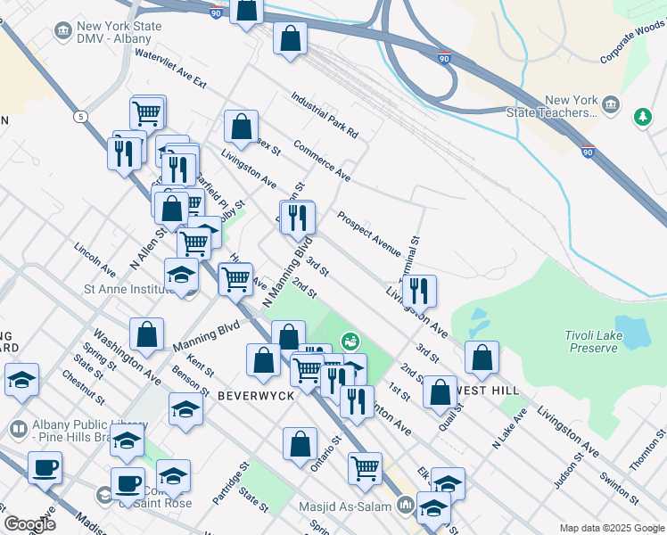 map of restaurants, bars, coffee shops, grocery stores, and more near 49 Manning Boulevard North in Albany