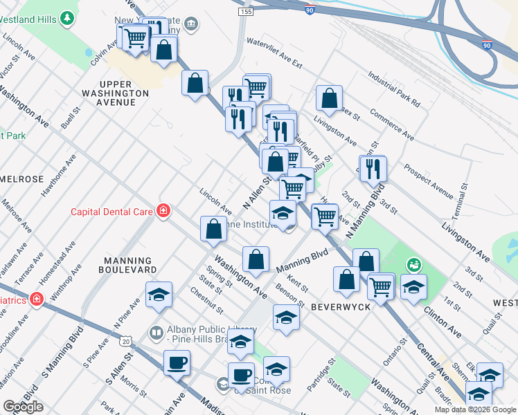 map of restaurants, bars, coffee shops, grocery stores, and more near 208 North Allen Street in Albany