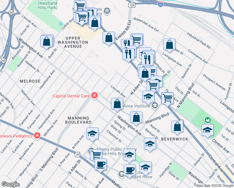 map of restaurants, bars, coffee shops, grocery stores, and more near 27 Mc Kinley Street in Albany
