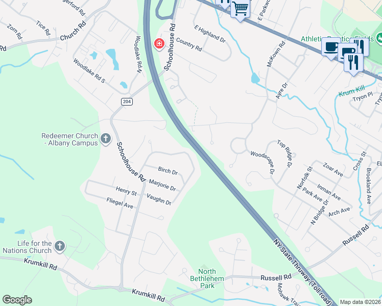 map of restaurants, bars, coffee shops, grocery stores, and more near 151 Vaughn Drive in Albany