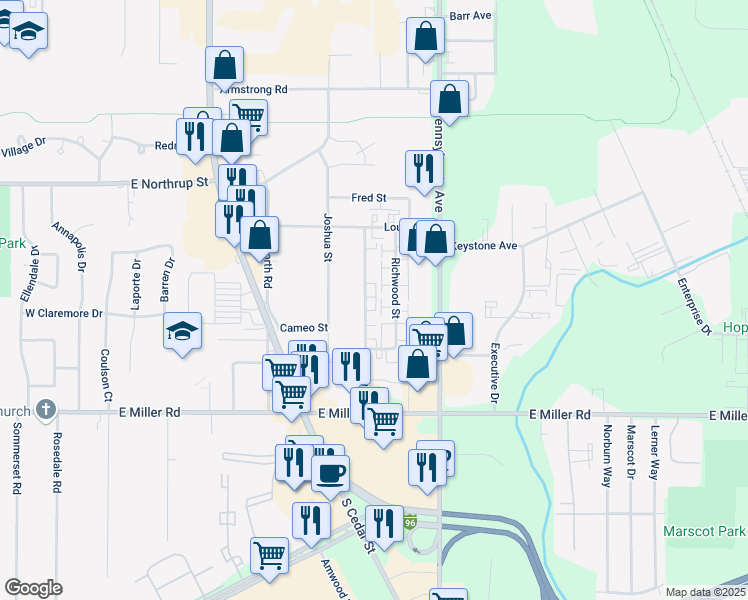 map of restaurants, bars, coffee shops, grocery stores, and more near 5752 Orchard Court in Lansing