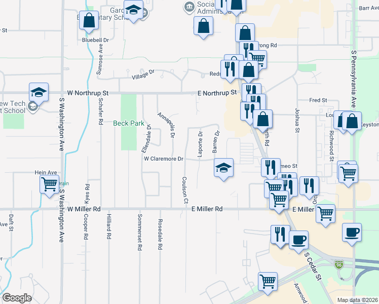map of restaurants, bars, coffee shops, grocery stores, and more near 5741 Coulson Court in Lansing