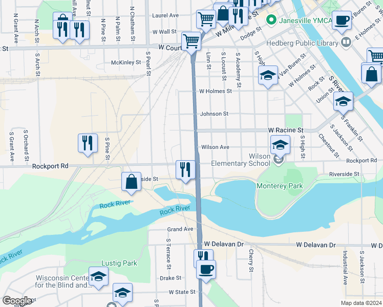 map of restaurants, bars, coffee shops, grocery stores, and more near 519 South Washington Street in Janesville