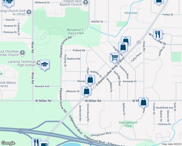map of restaurants, bars, coffee shops, grocery stores, and more near 2123 Webster Street in Lansing