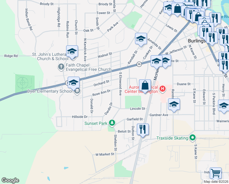 map of restaurants, bars, coffee shops, grocery stores, and more near 424 Rose Ann Drive in Burlington