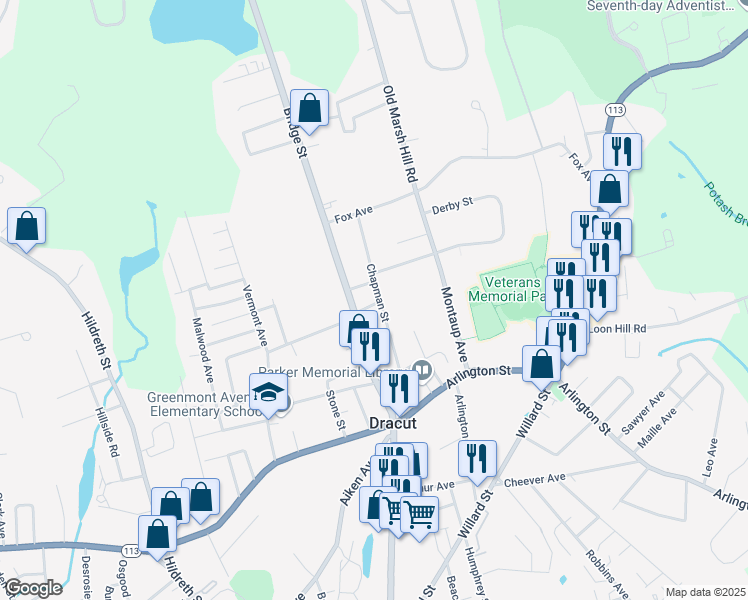 map of restaurants, bars, coffee shops, grocery stores, and more near 22 Green Street in Dracut